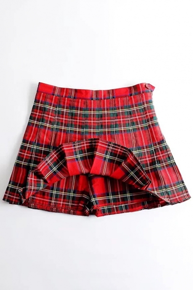 Girly Tartan Plaids Pattern Pleated Hem Mini Skirt with Button
