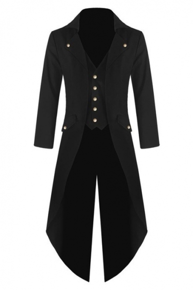 Gothic Notched Lapel Long Sleeves Long Sleeves Tuxedo Blazer with Button-Down Vest & Flap-Pockets