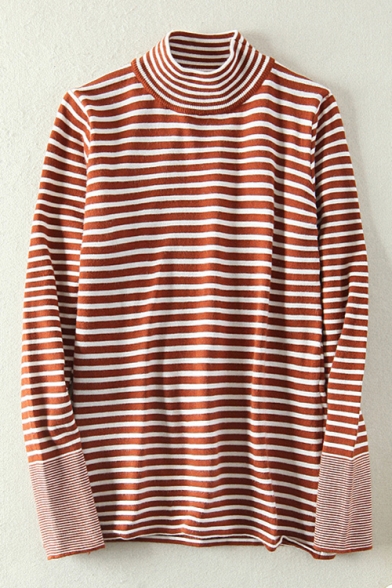 Leisure Striped Mock Neck Long Sleeve Pullover Sweater