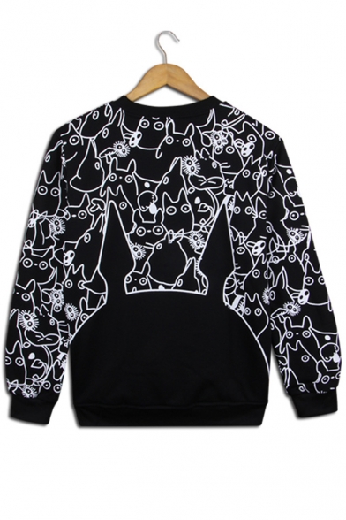 Lovely Cat Cartoon Pattern Long Sleeves Round Neck Monochrome Pullover Sweatshirt