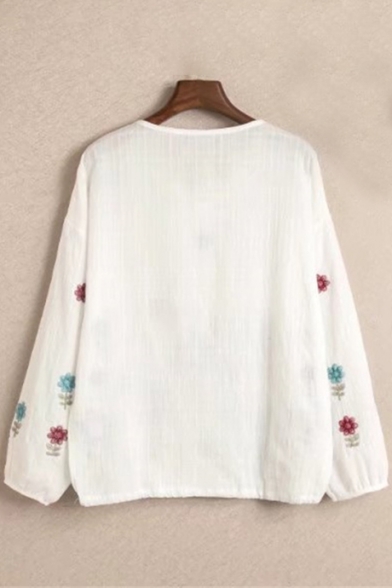 New Arrival Floral Embroidery Tie Neck Long Sleeve Loose Blouse