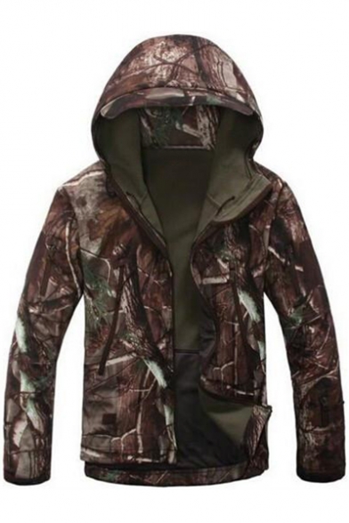 Outdoor Camouflage Long Sleeve Zipper Placket Hooded Coat with Pockets