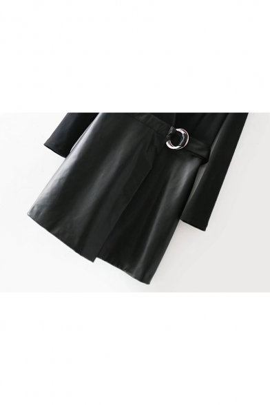 Plain V-Neck PU Panel Long Sleeve Wrap Mini Dress