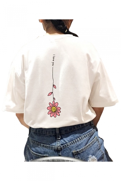 Simple Cartoon Floral Letter Printed Short Sleeves Round Neck Loose Tee