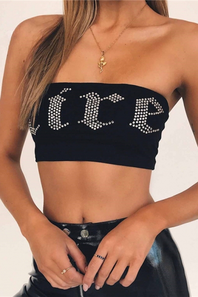 Simple Letter Pattern Beaded Strapless Bandeau