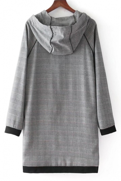 Simple Plaid Pattern Zip Placket Long Sleeve Shift Mini Dress