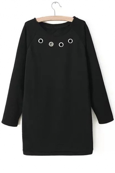 Simple Plain Grommet Embellished Round Neck Long Sleeve Shift Mini Dress