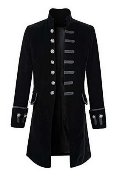 Steampunk High Neck Long Sleeves Button-Down Longline Coat with Flap-Pockets & Turn-up Cuffs