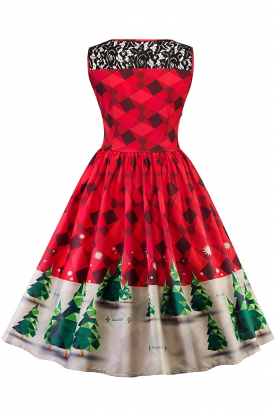 Stylish Print Round Neck Sleeveless Lace Detail Tight Waist Fit & Flare Dress