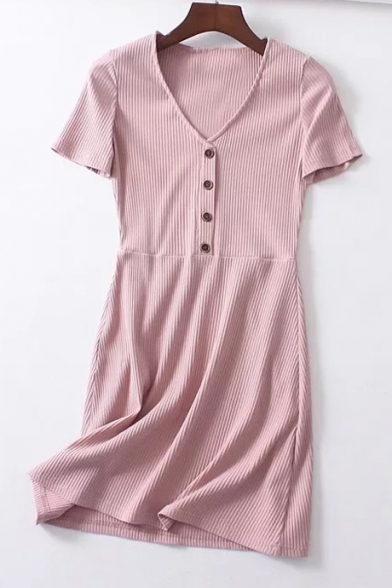 Stylish V Neck Short Sleeve Button A-line Mini Knit Dress
