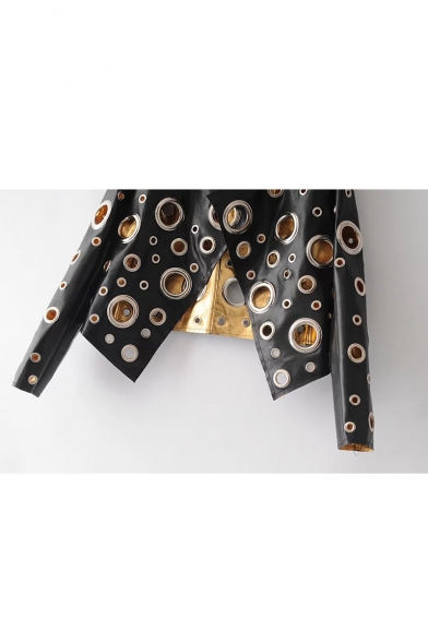Trendy Allover Grommets Embellished Stand-up Collar Long Sleeves Open Front PU Jacket