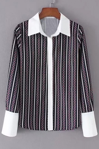 Chic Geometric Striped Pattern Point Collar Long Sleeves Button Down Shirt
