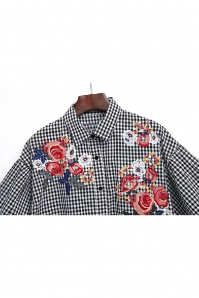 Classic Plaid Embroidery Floral Pattern Lapel Button Shirt Dress