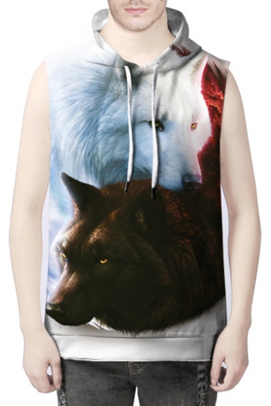 Cool Double Wolves Animal Printed Sleeveless Pullover Unisex Hoodie
