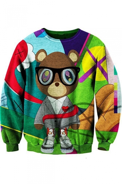 Cute Bear Pattern Color Block Round Neck Long Sleeves Pullover Sweatshirt