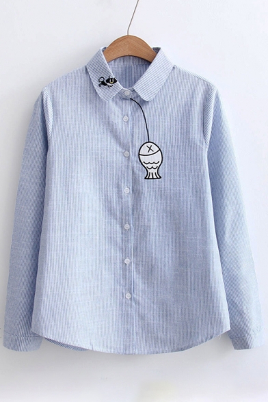 Cute Fish Cat Cartoon Embroidered Long Sleeves Button Down Shirt