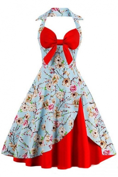 Elegant Halter Neck Sweetheart Front Floral Printed Color Block Mini Fit & Flare Dress