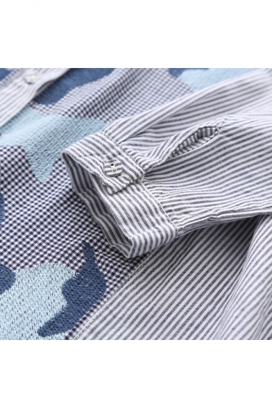 Fashion Color Block Embroidered Striped Plaid Pattern Long Sleeve Dip Hem Tunic Shirt