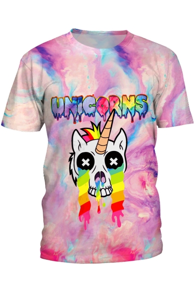 Fashionable Cartoon Crying Unicorn Letter Printed Round Neck Short Sleeves Casual Tee