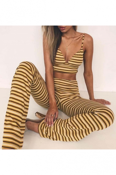 Fashionable Striped Print Plunge Neck Cropped Cami Flared Pants Co-ords