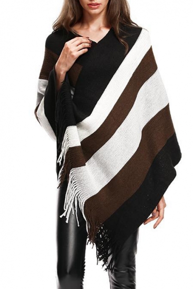 Fashionable Striped Print V-Neck Sweater Cape with Tassel Hem