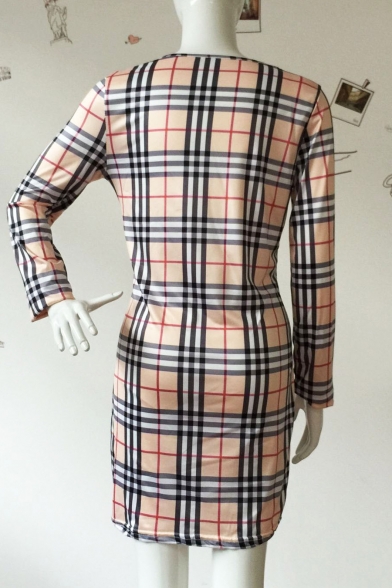 Hot Fashion Round Neck Long Sleeves Tartan Plaids Mini Pencil Dress