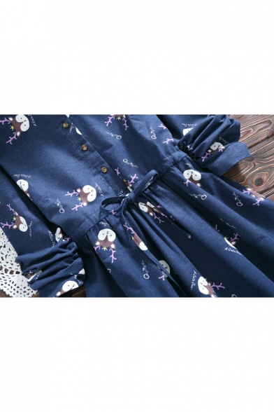 Little Fawns Printed Lapel Collar Drawstring Waist Long Sleeve Midi Dress