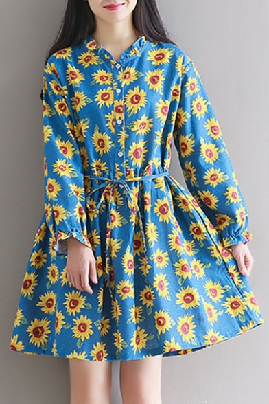 New Fashion Sunflower Print Button Long Sleeve Dress