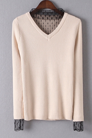New Stylish Mesh Panel Long Sleeve Pullover Sweater