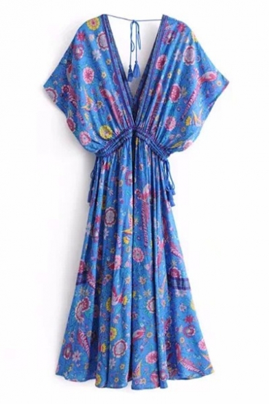 Peasant V-Neck Short Sleeves Gathered Waist Floral Printed Bow Tie Back Maxi Beach Dress