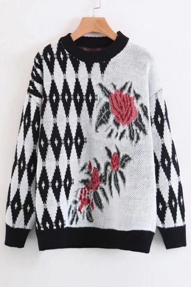 Rhombus Floral Pattern Long Sleeve Round Neck Pullover Sweater