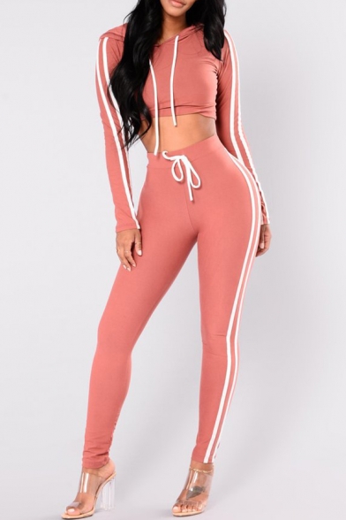 Sexy Long Sleeves Striped Pattern Cropped Hoodie with Drawstring Waist Slim-Fit Pants