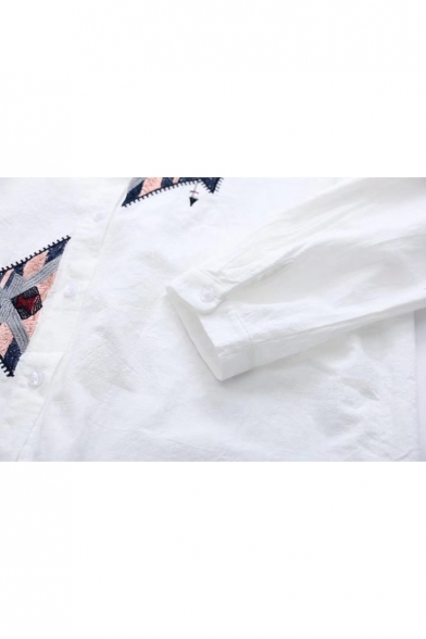 Stylish Geometric Embroidered Dipped Hem Long Sleeves Button Down Shirt