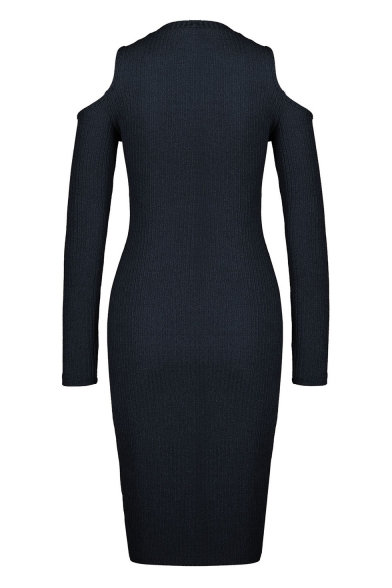 Stylish Plain Cold Shoulder Long Sleeve Knitted Dress