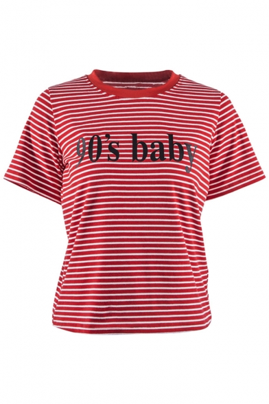 Stylish Striped Letter Pattern Round Neck Short Sleeves Casual T-shirt