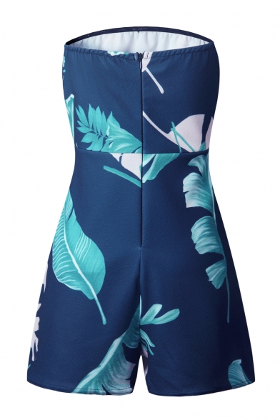Summer Fashion Leaf Tropical Plant Pattern Zip-Back Bandeau Wide Leg Romper
