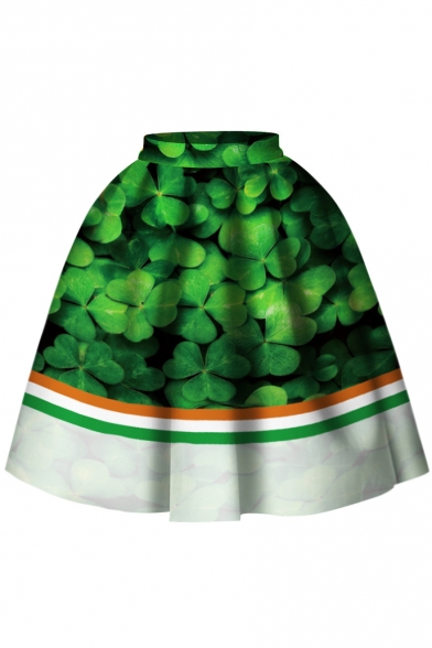 Trendy Color Block Elastic Waist Clover Printed Flared Midi Skirt