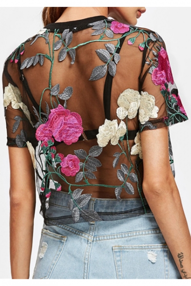 Trendy Floral Embroidery Round Neck Mesh Patched Short Sleeves Cropped Tee