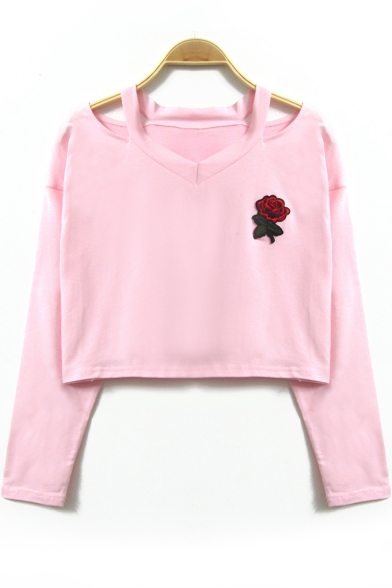 Trendy Floral Embroidery V-Neck Long Sleeves Casual Cropped Tee