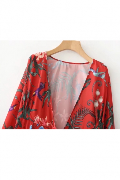 Vintage Style V-Neck Long Blouson Sleeves Floral Printed Midi Wrap Dress