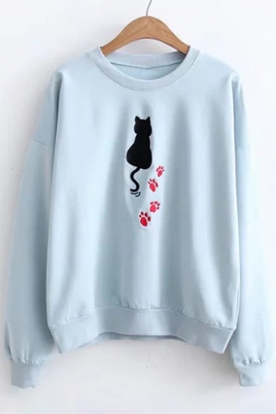 Cartoon Cat Embroidered Round Neck Long Sleeve Pullover Sweatshirt