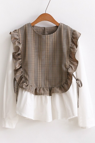 Chic Plaid Print Ruffle Fake Two Piece Long Sleeve Round Neck Blouse