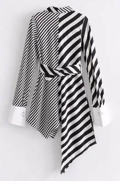 Chic Striped Print Bow Front Belt Waist Long Sleeve Asymmetric Hem Dress