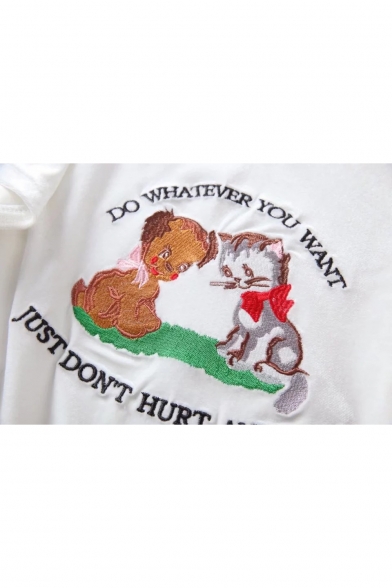 Cute Cartoon Cat Dog Letter Embroidered Round Neck Short Sleeve Graphic Tee