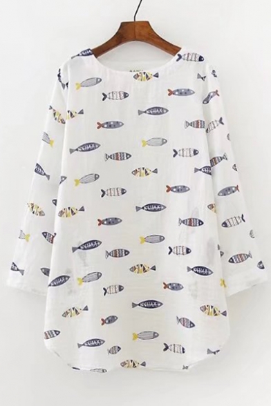Cute Fish Allover Pattern Round Neck Long Sleeves Pullover Tunic Blouse