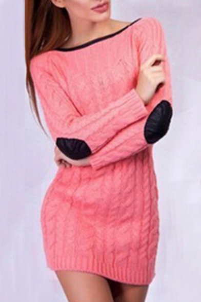 Elbow Patch Boat Neck Long Sleeve Plain Knit Pullover Sweater