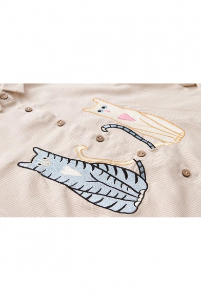Embroidery Cartoon Cat Pattern Button Down Long Sleeve Lapel Shirt
