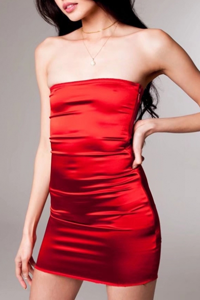 Fabulous Plain Off the Shoulder Zip-Side Bodycon Mini Bandeau Dress