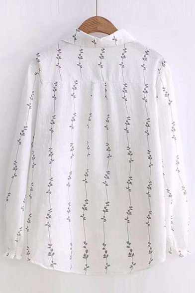 Fashion Pom-Pom Embroidered Cherry Leaf Pattern Lapel Long Sleeve Shirt