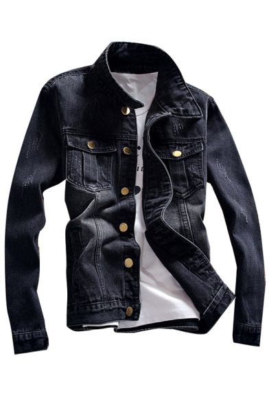 Fashionable Lapel Long Sleeves Button Down Ripped Denim Jacket with Chest Pockets